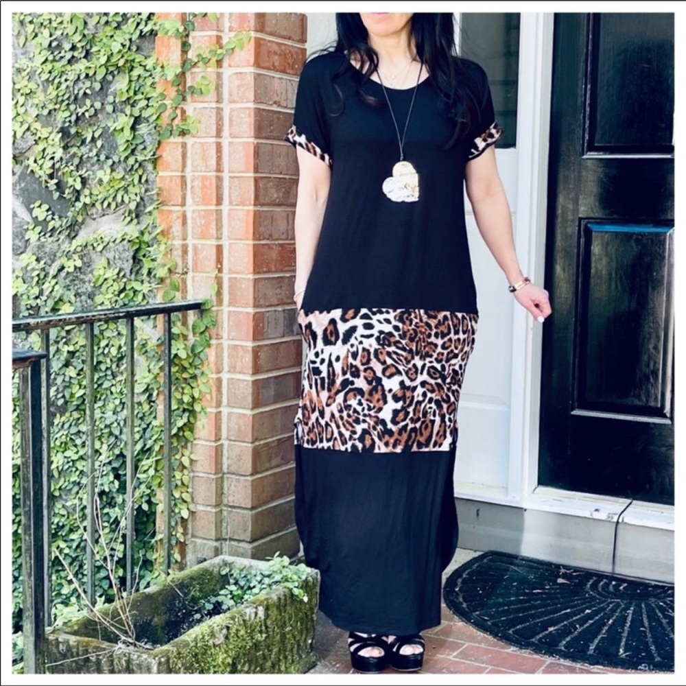 Color Block, Leopard Print, Maxi Dress With Pockets!